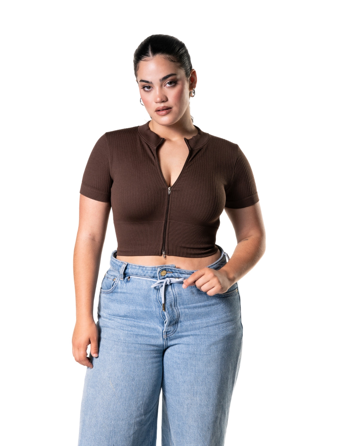 Crop Top de Manga Corta de Canalé con Cremallera Frontal