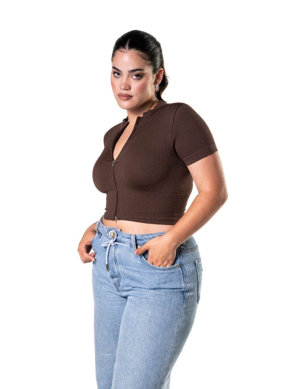 Crop Top de Manga Corta de Canalé con Cremallera Frontal