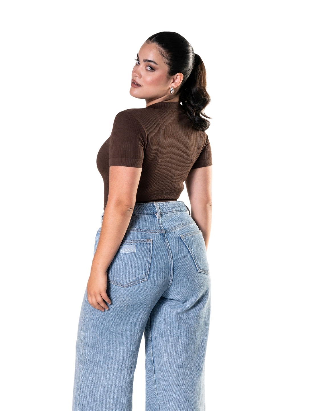 Crop Top de Manga Corta de Canalé con Cremallera Frontal