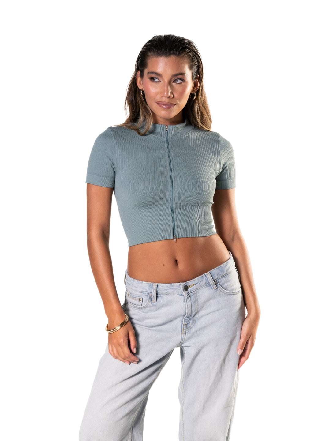 Crop Top de Manga Corta de Canalé con Cremallera Frontal
