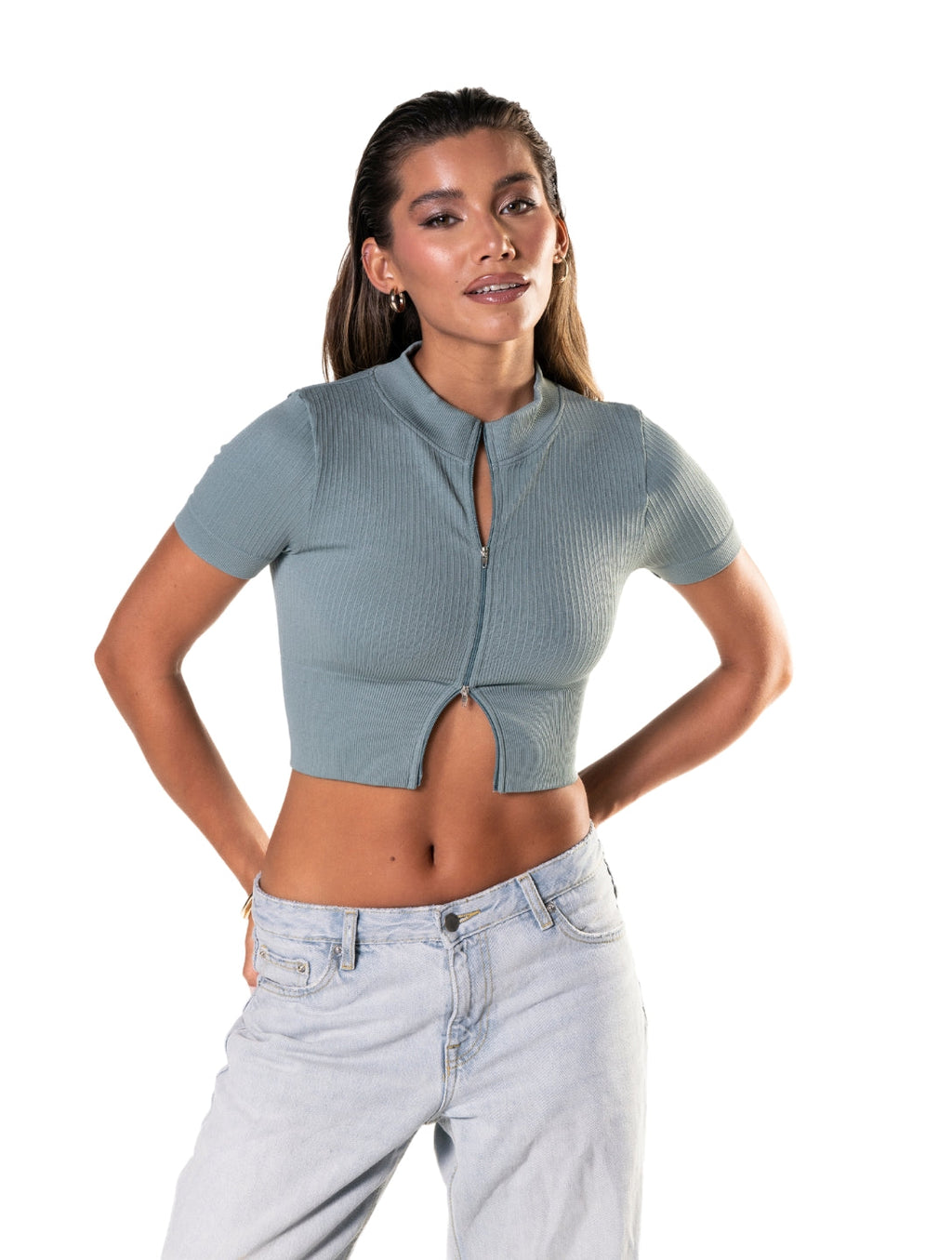 Crop Top de Manga Corta de Canalé con Cremallera Frontal