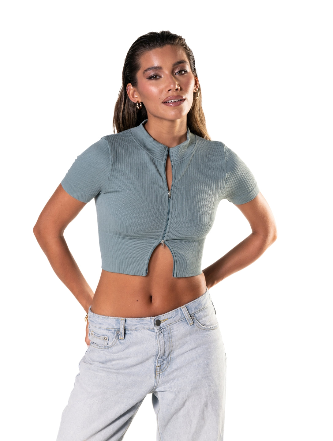 Crop Top de Manga Corta de Canalé con Cremallera Frontal