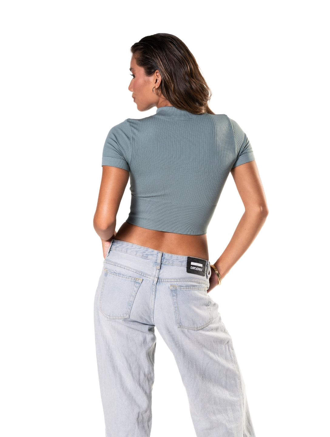 Crop Top de Manga Corta de Canalé con Cremallera Frontal