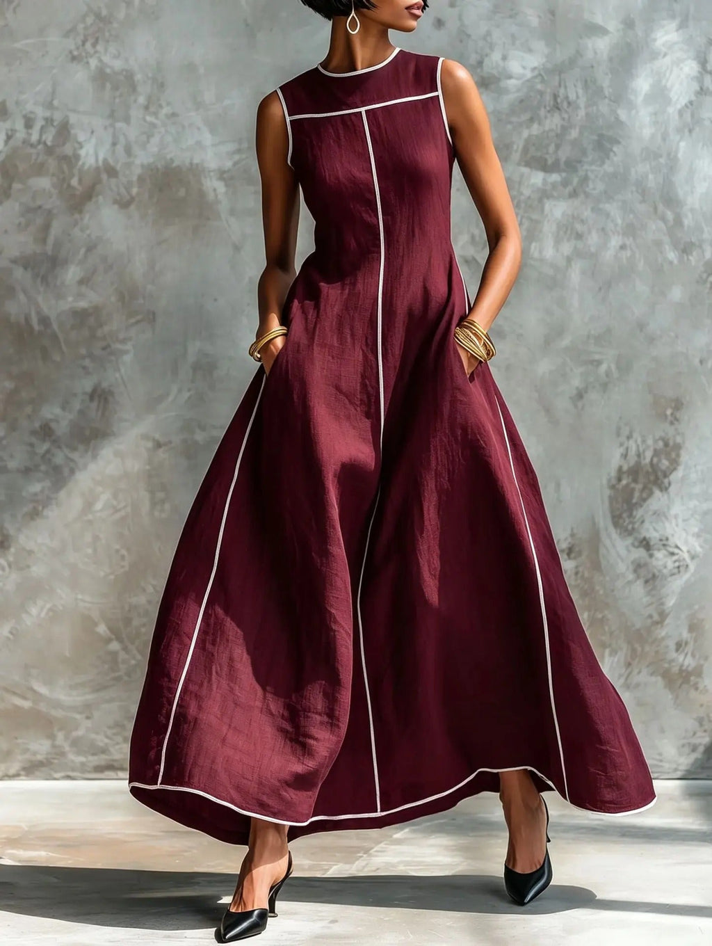 Carlota Vestido Maxi Negro con Ribetes en Contraste