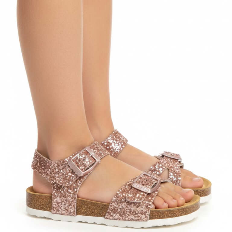 Sandalias PLAKTON Glitter Niña Rosa Nude con Hebilla Piel Tallas 24-35
