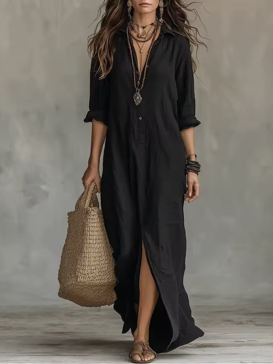 Vero| Vestido Largo Negro Amplio con Botones