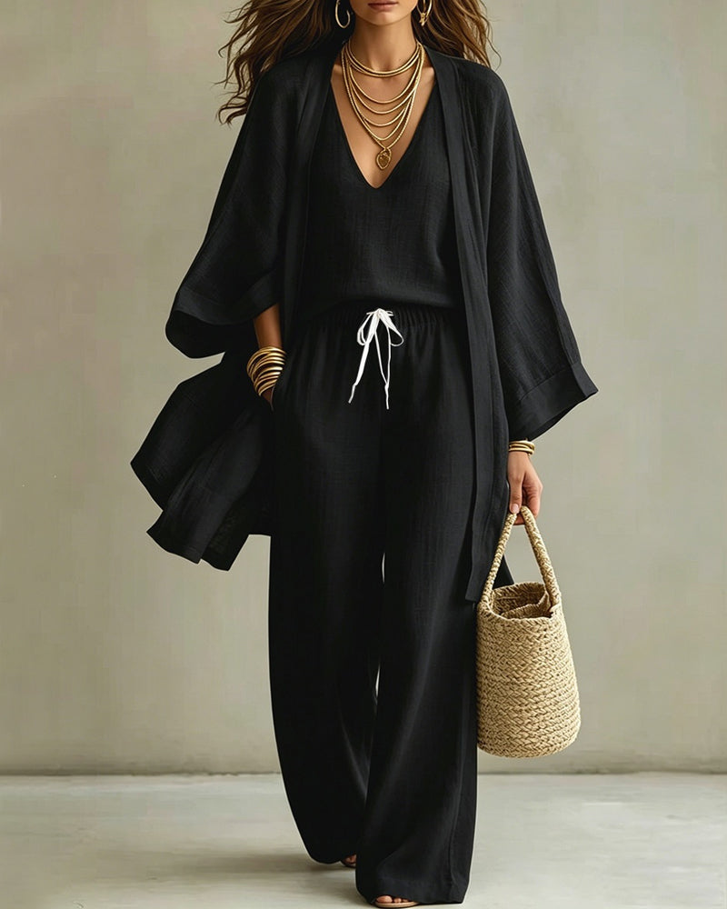 Conjunto de Tres Piezas de Lino: Chaleco, Pantalón Ancho y Cárdigan