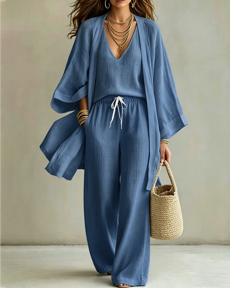 Conjunto de Tres Piezas de Lino: Chaleco, Pantalón Ancho y Cárdigan